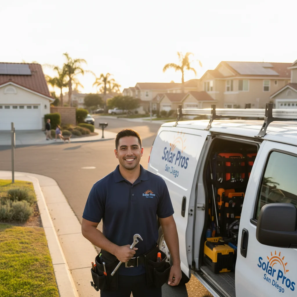 A Solar Pros San Diego technician beside a service van in a San Diego County neighborhood.