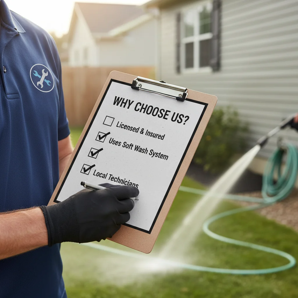 A checklist graphic with items like 'Licensed & Insured', 'Uses Soft Wash System