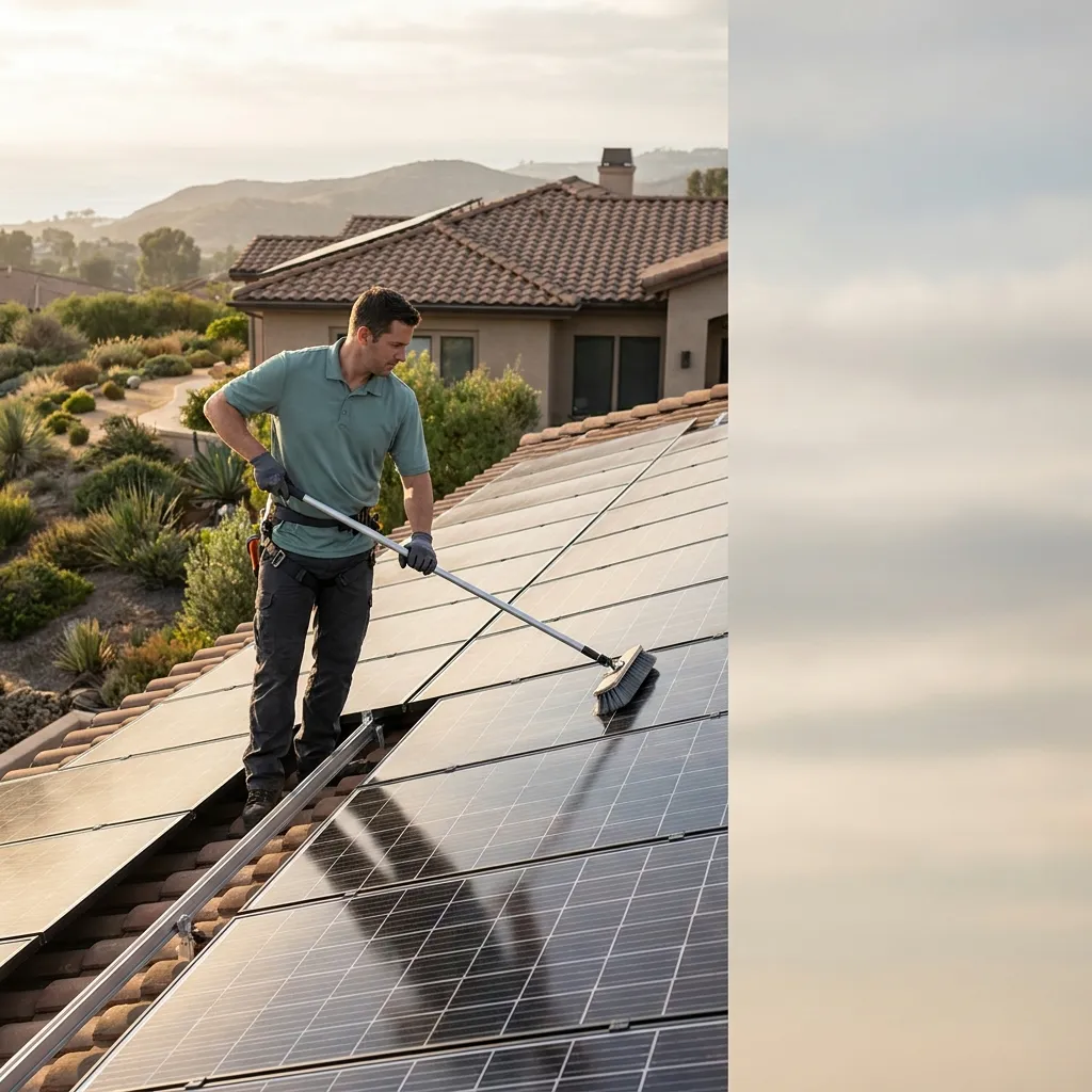 Solar panels on a San Diego home roof during a clear late-spring morning with technician preparing to clean