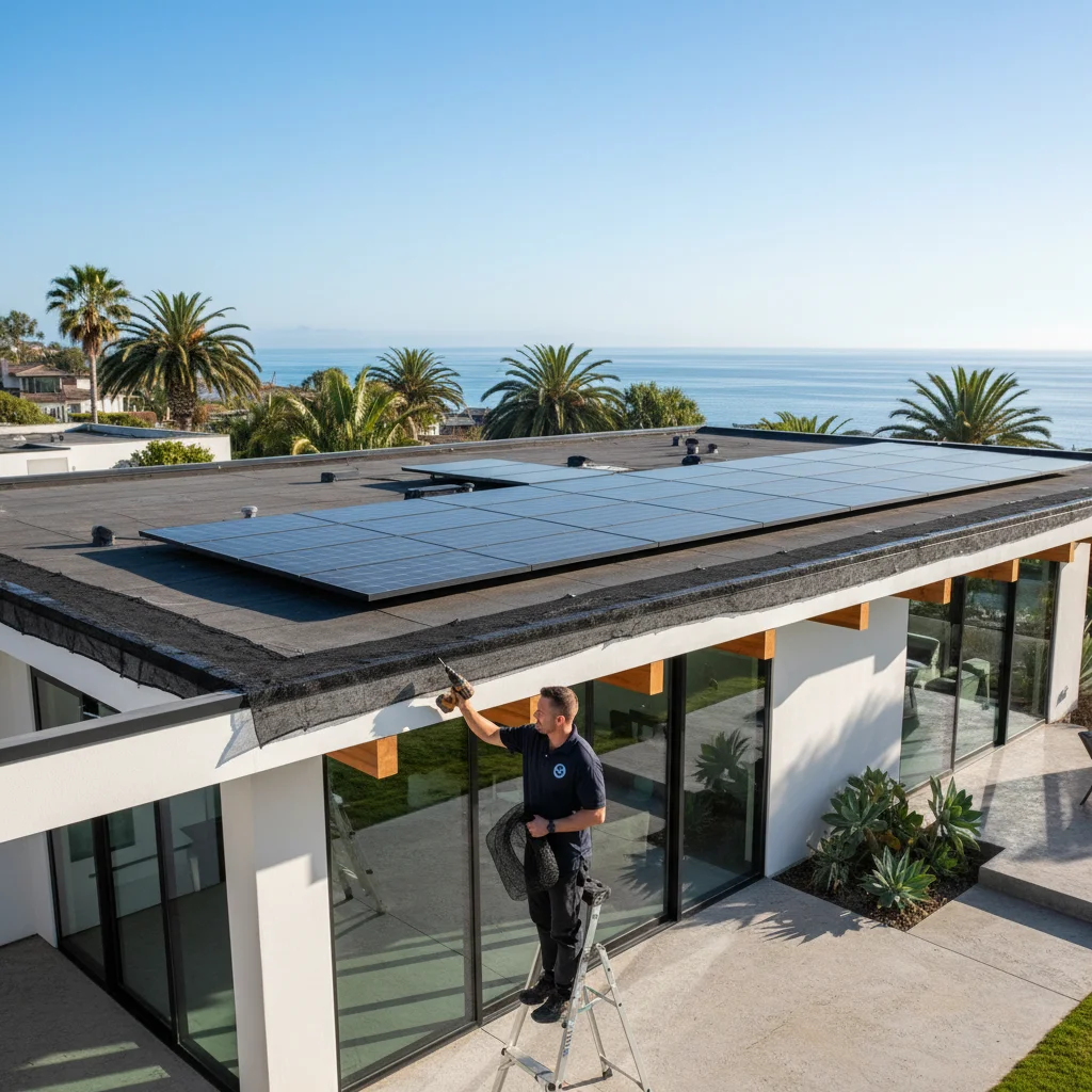 A modern San Diego home with solar panels protected by a discreet critter guard mesh.