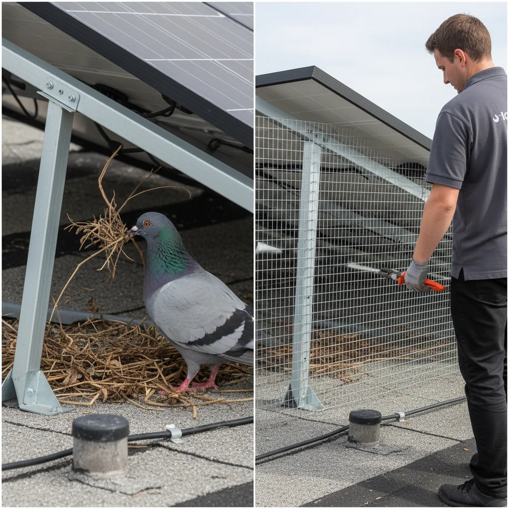 A close-up of a pigeon trying to nest under a solar panel, contrasted with a panel protected by wire mesh.
