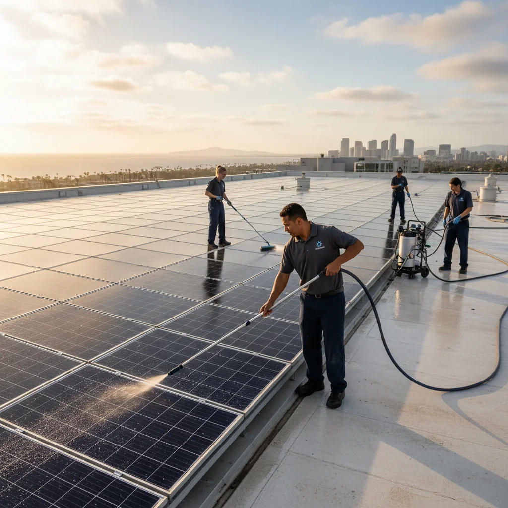 A team of uniformed professionals cleaning a large solar panel array on the flat roof of a commercial building in San Diego.