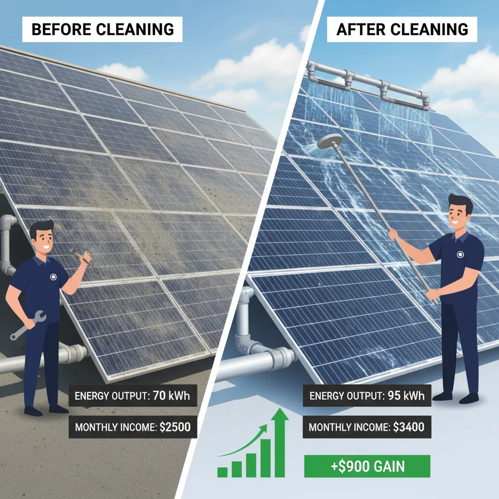 An infographic comparing the energy output loss on a 100-panel array before and after cleaning, showing clear monetary gains.