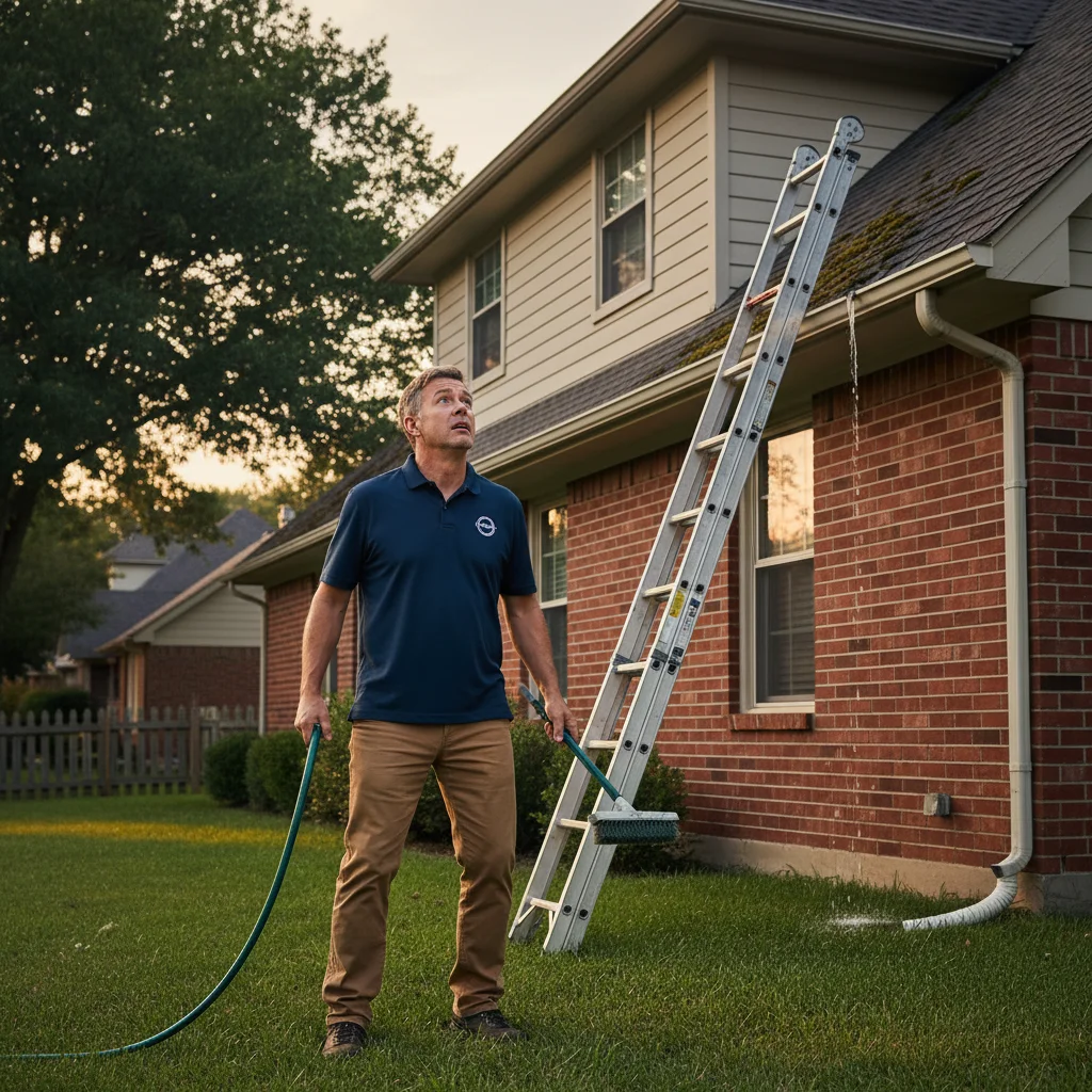 A homeowner looking up at their roof with a garden hose and a brush, looking uncertain and concerned about the height.