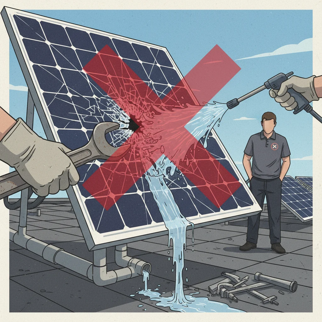 A graphic showing a cracked solar panel with a red X over it, illustrating the r