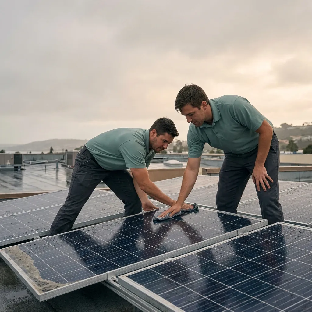 Rain falling on dirty solar panels on a San Diego rooftop, showing streaks and residue