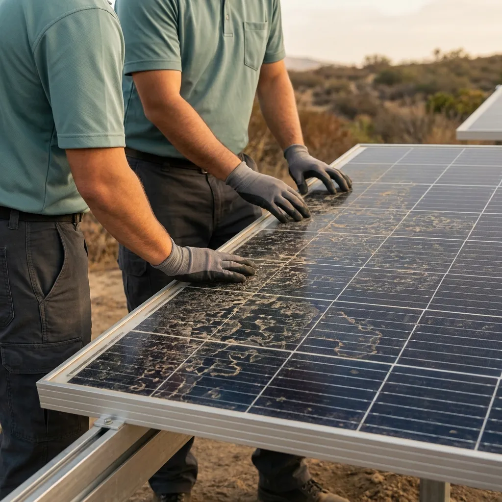 Close-up of solar panel glass with dried water spots and dust buildup after rain