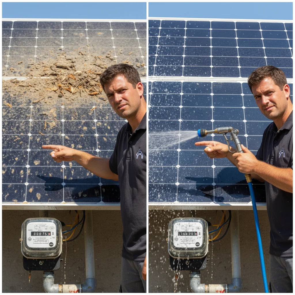 A split image showing a dirty solar panel with low energy output on the left and a clean panel with high output on the right.
