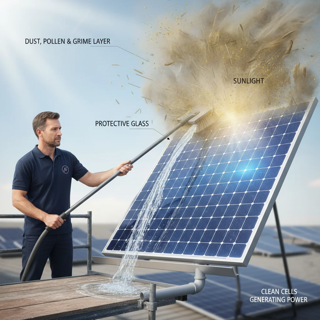 An infographic illustrating how layers of dust, pollen, and grime block sunlight