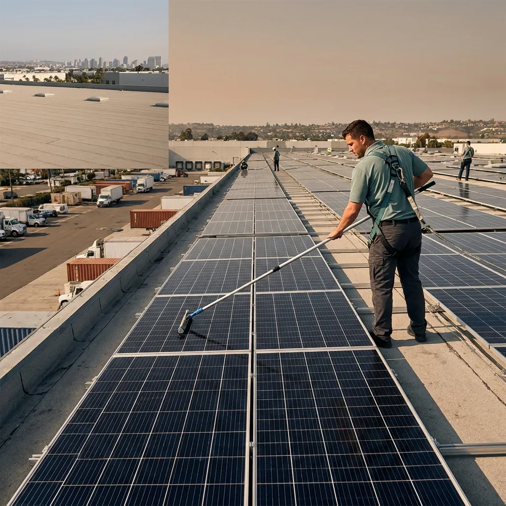 Technician cleaning a large flat-roof commercial solar array on a San Diego warehouse using water-fed poles