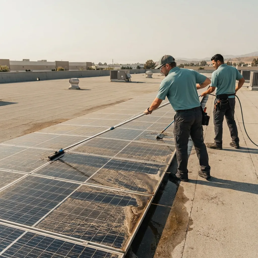 Close-up of soiled solar panels on a low-tilt commercial rooftop in San Diego before soft-wash cleaning