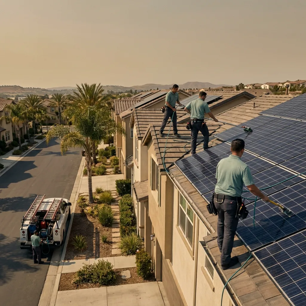Technician cleaning rooftop solar panels on a multi-building condo community in San Diego