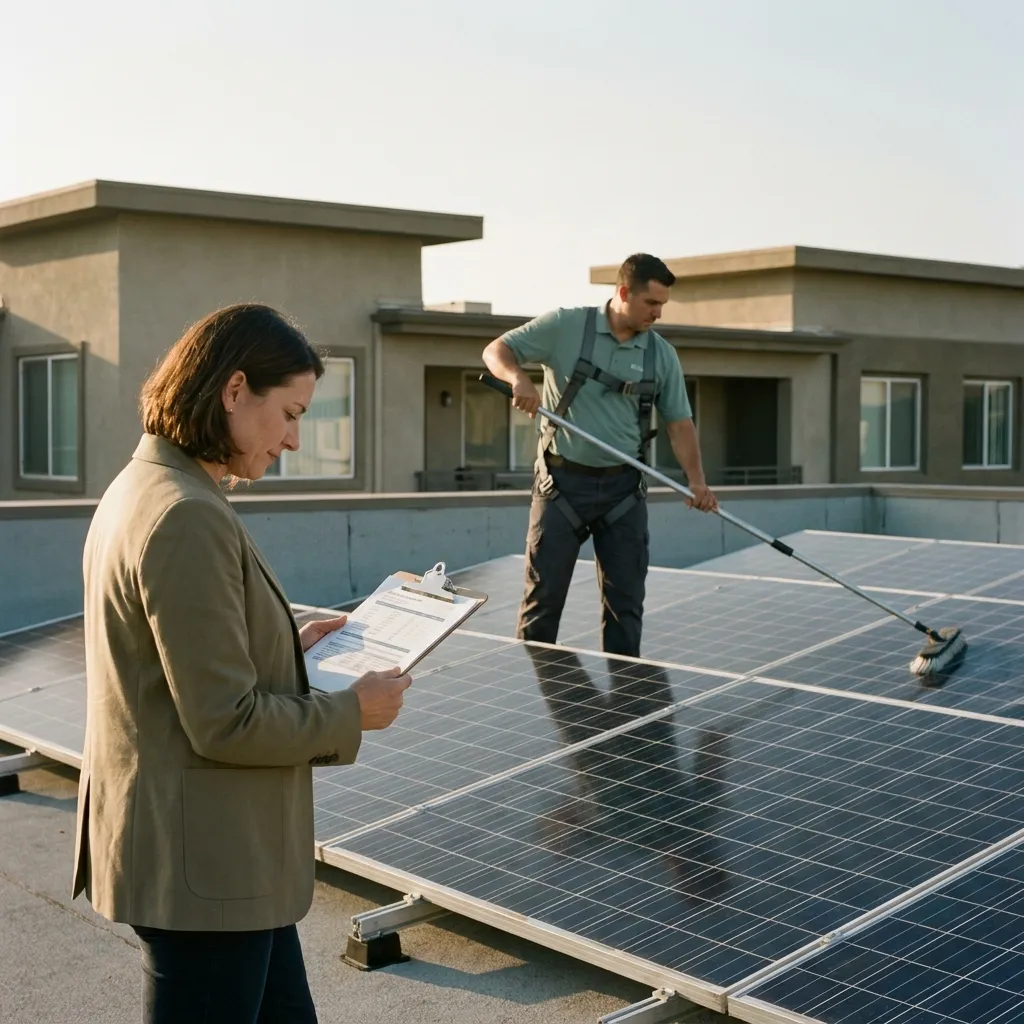 Solar panels on a townhome HOA rooftop being rinsed and inspected by a uniformed technician