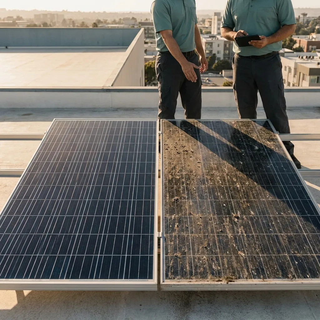 Side-by-side solar panels showing clean versus soiled glass surface with visible dust and bird debris reducing light transmission