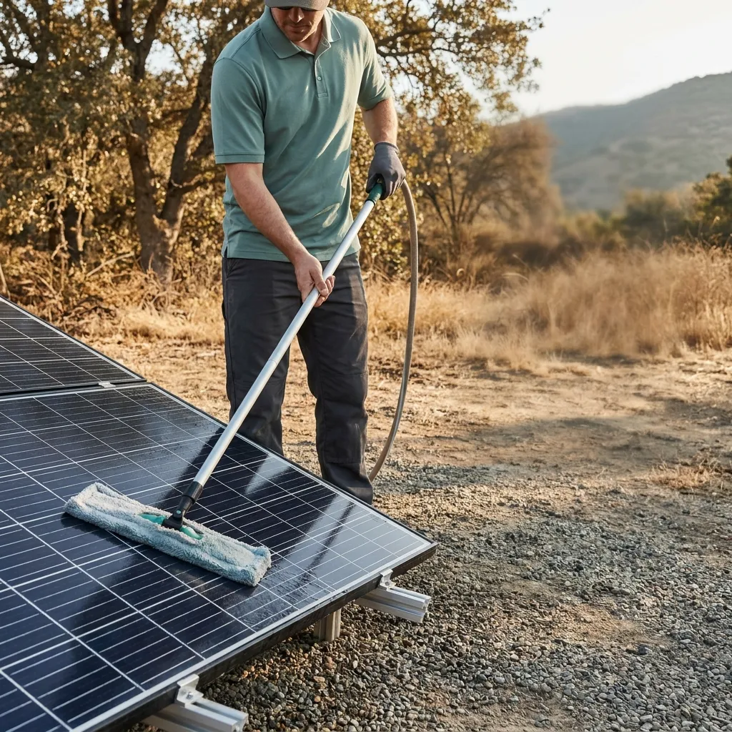 Technician using a soft brush and purified water to clean a rooftop solar panel on a single-story home in San Diego