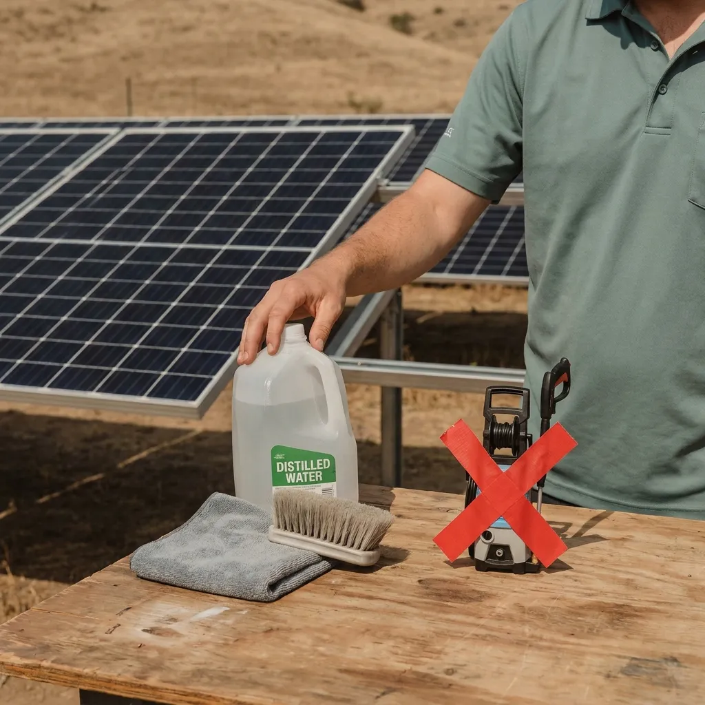 Close-up of a microfiber brush removing dust from a solar panel surface without scratching the anti-reflective coating