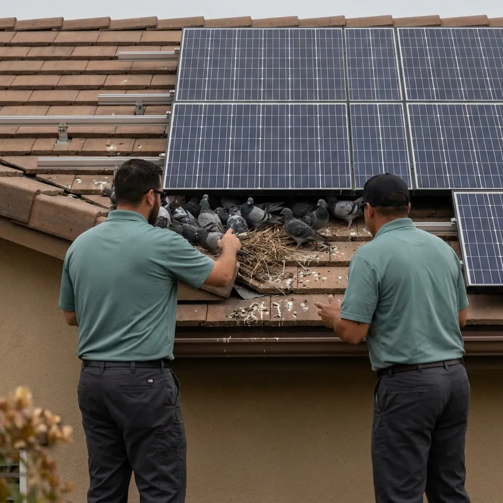 Pigeons roosting under a rooftop solar panel array on a San Diego home