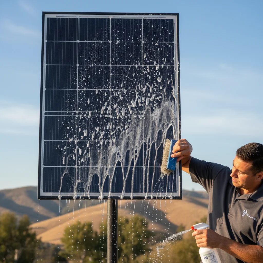 A close-up of a solar panel with chalky white hard water spots, with the sunny, dry hills of Escondido visible in the background.