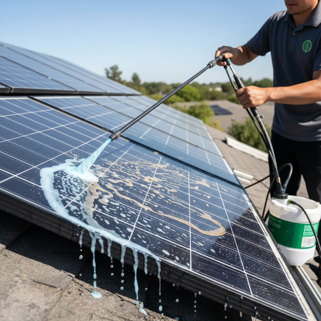 A technician applying a specialized, eco-friendly cleaning solution to dissolve mineral deposits from a solar panel's surface.