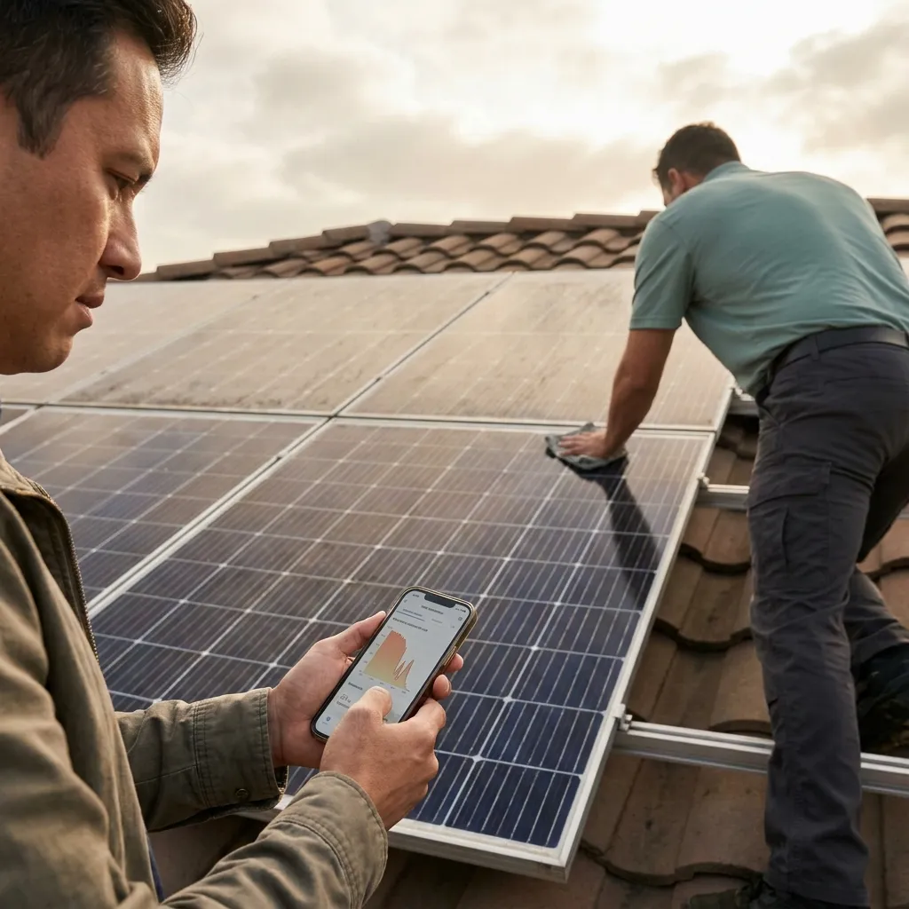 Close-up of a dirty solar panel coated in dust and grime on a San Diego rooftop