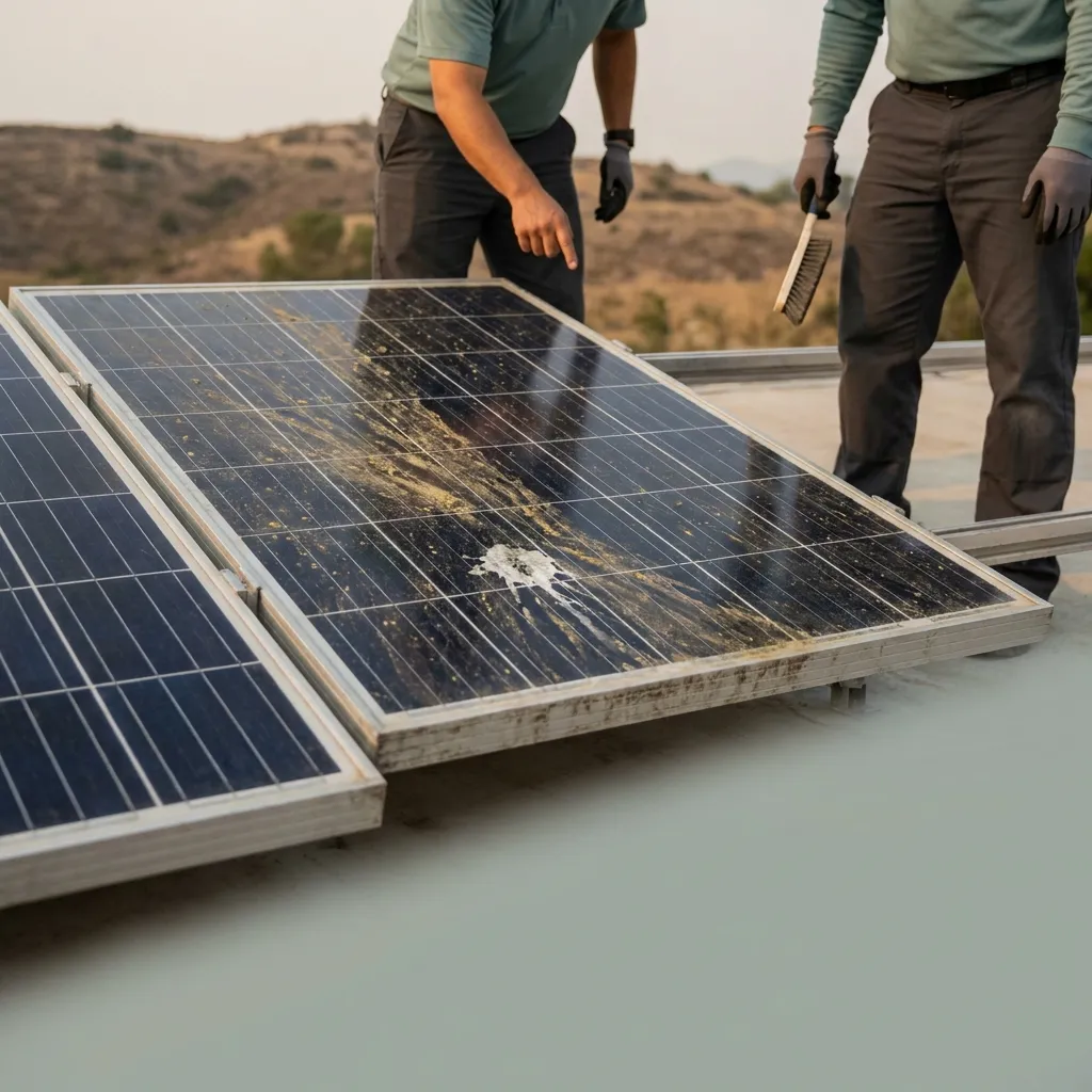 Solar panel technician inspecting hard water spots and bird droppings on residential panels