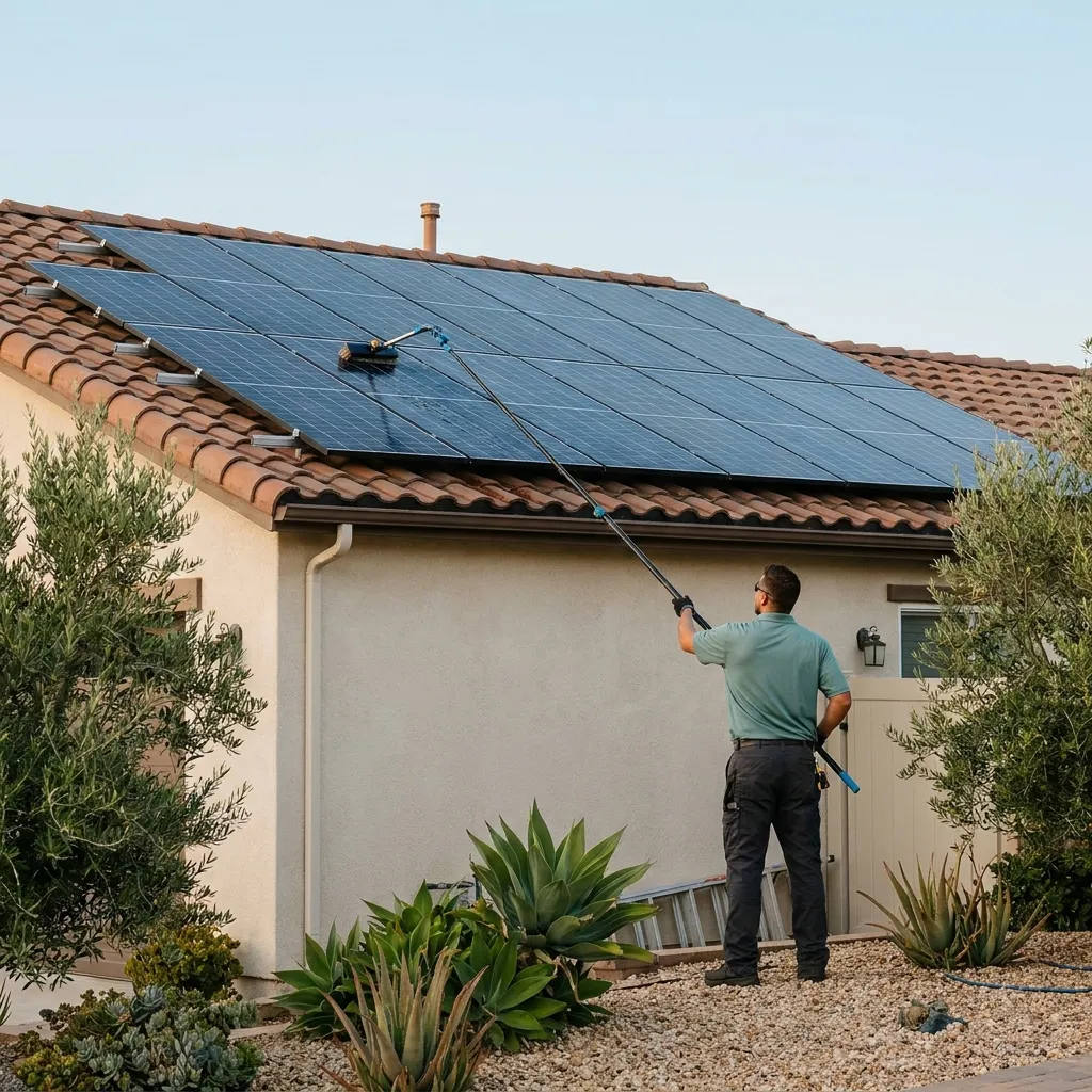 Solar Pros San Diego technician soft-washing rooftop solar panels on a Carlsbad home near the Village