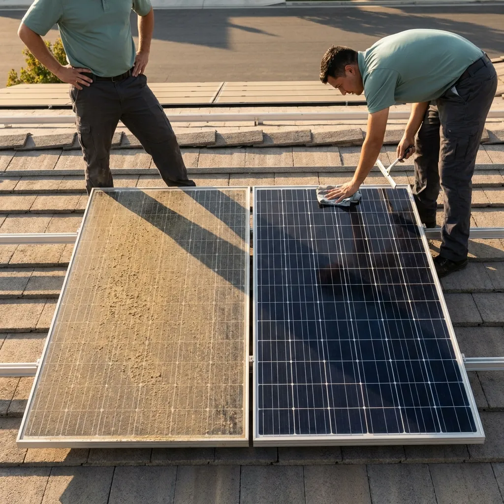 Close-up of solar panels with salt film and pollen residue on a Carlsbad rooftop before cleaning