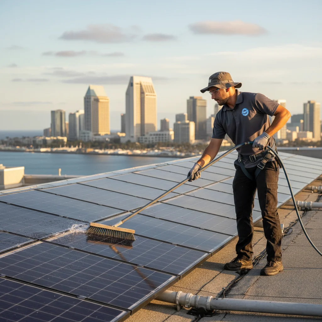 A Solar Pros San Diego technician cleaning a solar panel on a sunny residential roof.