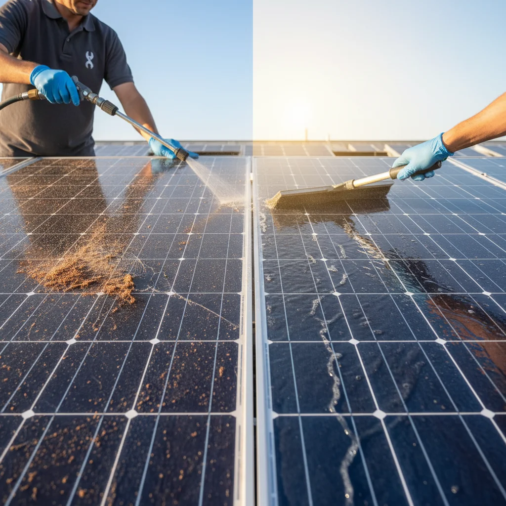 An infographic comparing solar panel output before and after a professional cleaning in San Diego County.