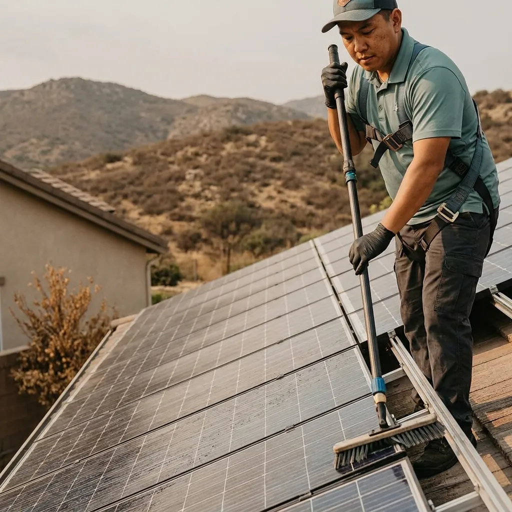 Solar Pros San Diego technician cleaning solar panels on an El Cajon rooftop with East County hills in the background
