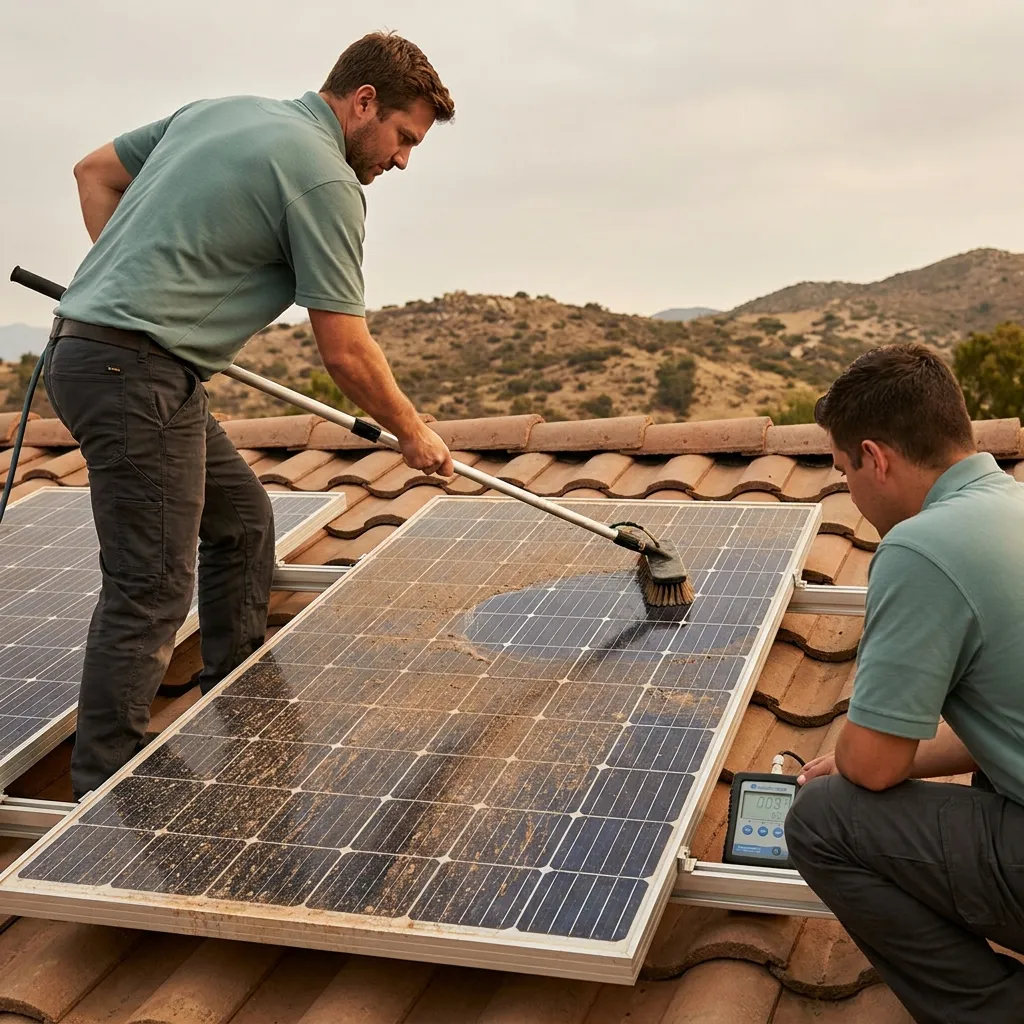 Close-up of hard water mineral deposits on solar panels in El Cajon before professional cleaning