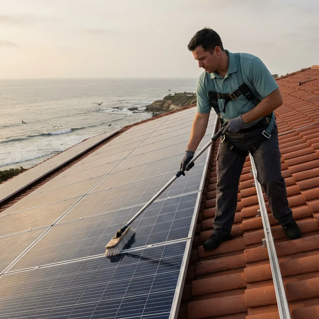 Solar Pros San Diego technician cleaning solar panels on a La Jolla coastal home with ocean view in background