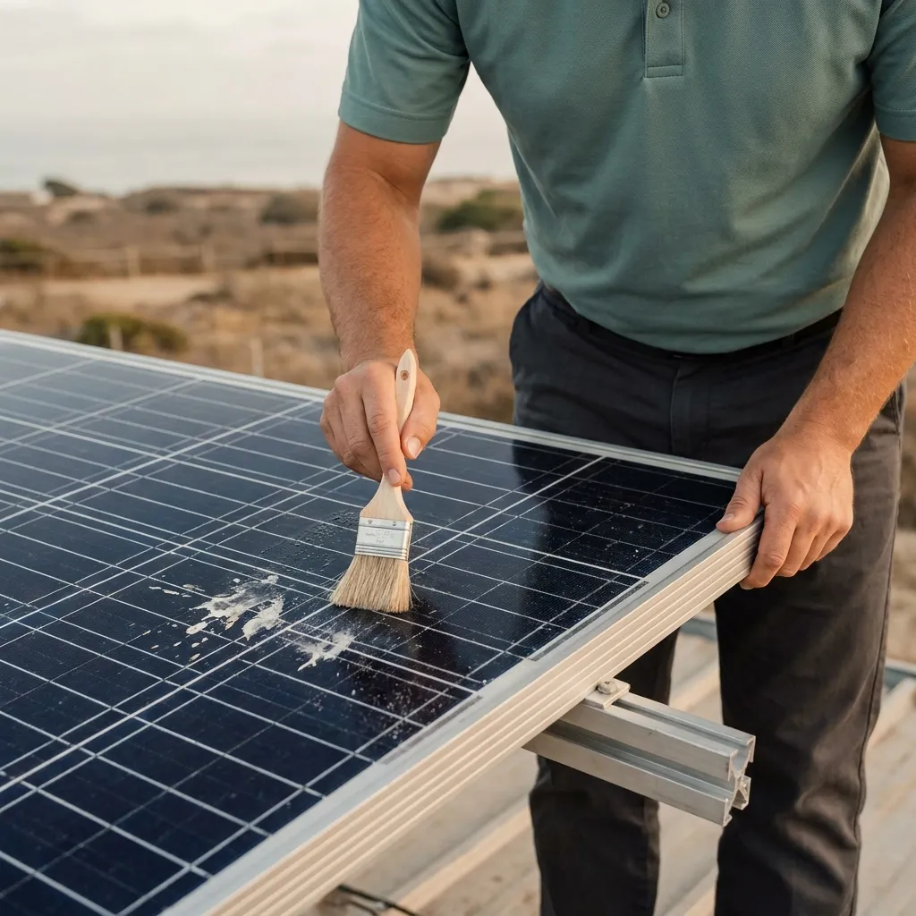 Close-up of solar panel glass being rinsed with deionized water on a La Jolla bluff-top tile roof
