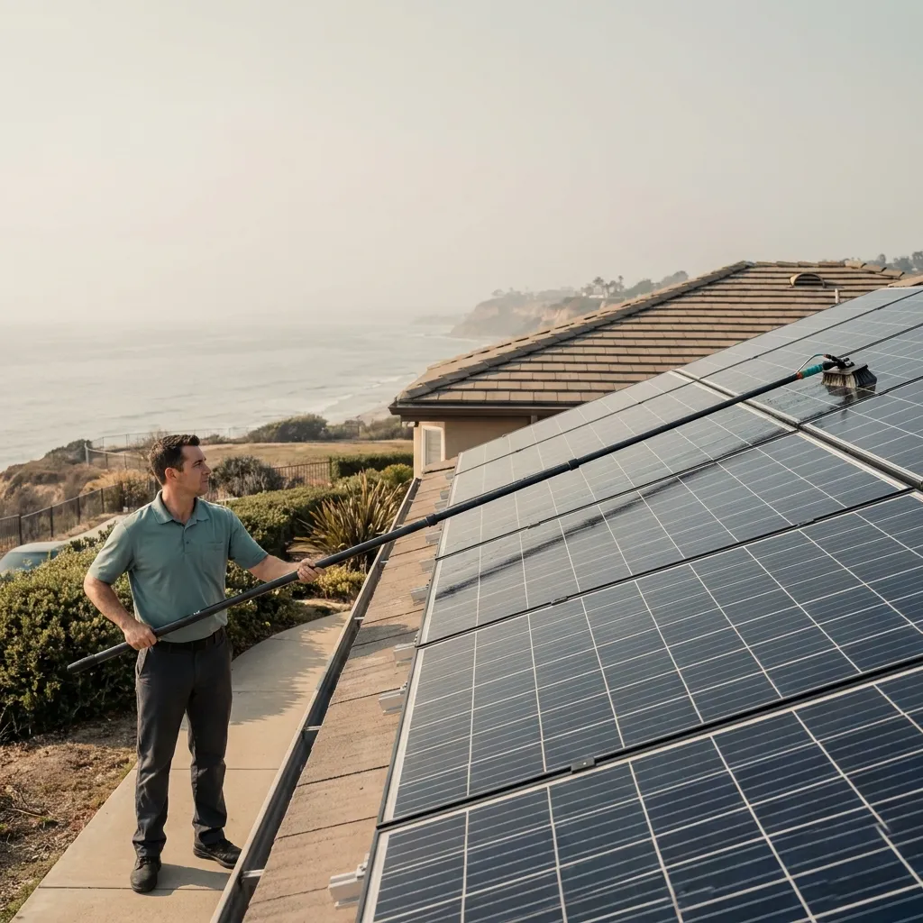 Solar Pros San Diego technician rinsing solar panels on a rooftop in Oceanside with the Pacific coastline visible in the background