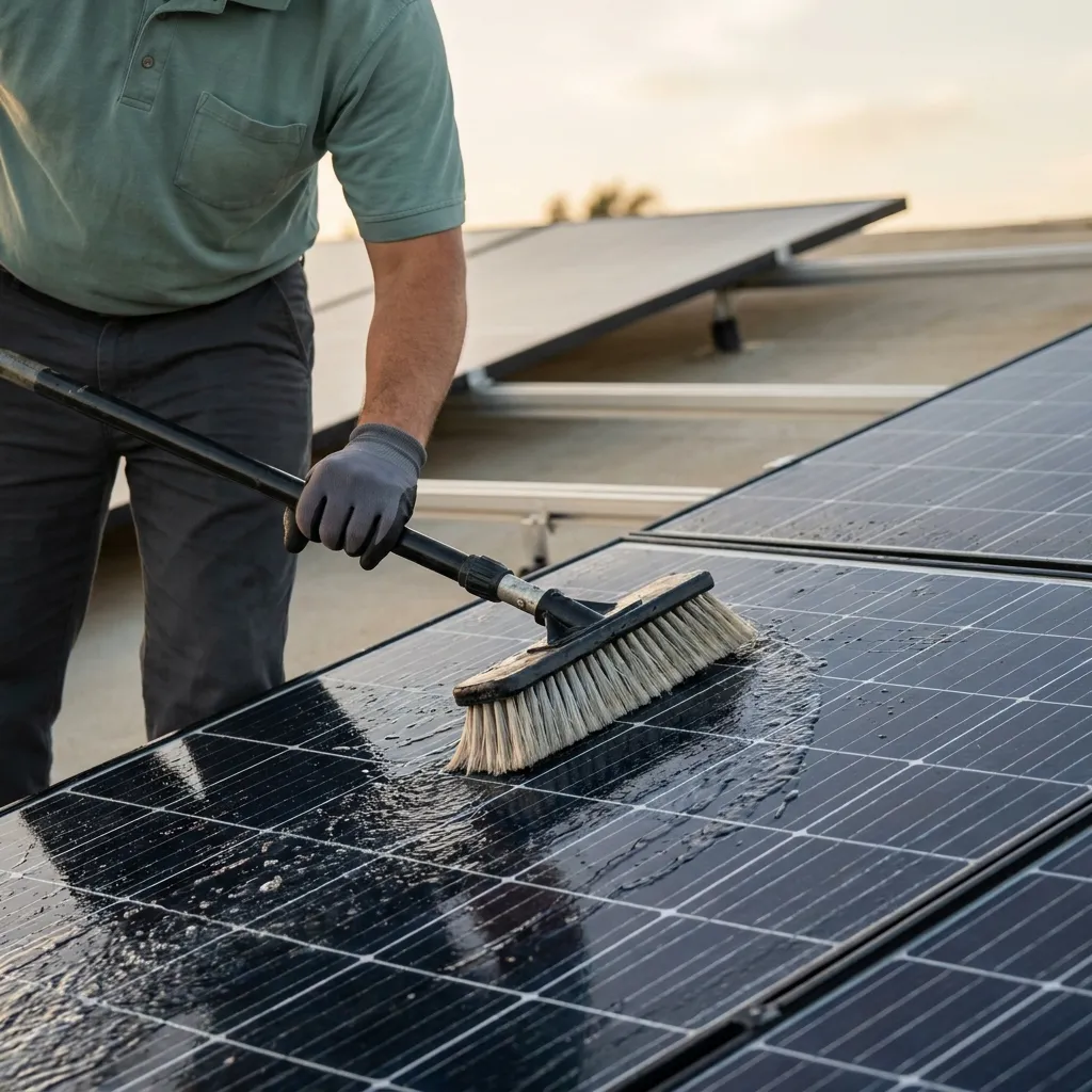 Close-up of a Solar Pros San Diego technician removing salt film and mineral deposits from solar panels in an Oceanside neighborhood