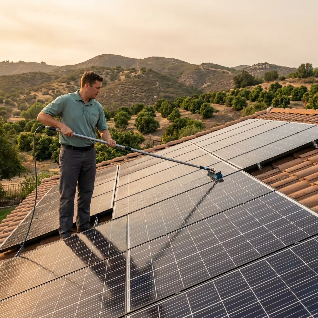 Solar Pros San Diego technician cleaning rooftop solar panels on a Vista, CA home with a soft-brush water-fed pole