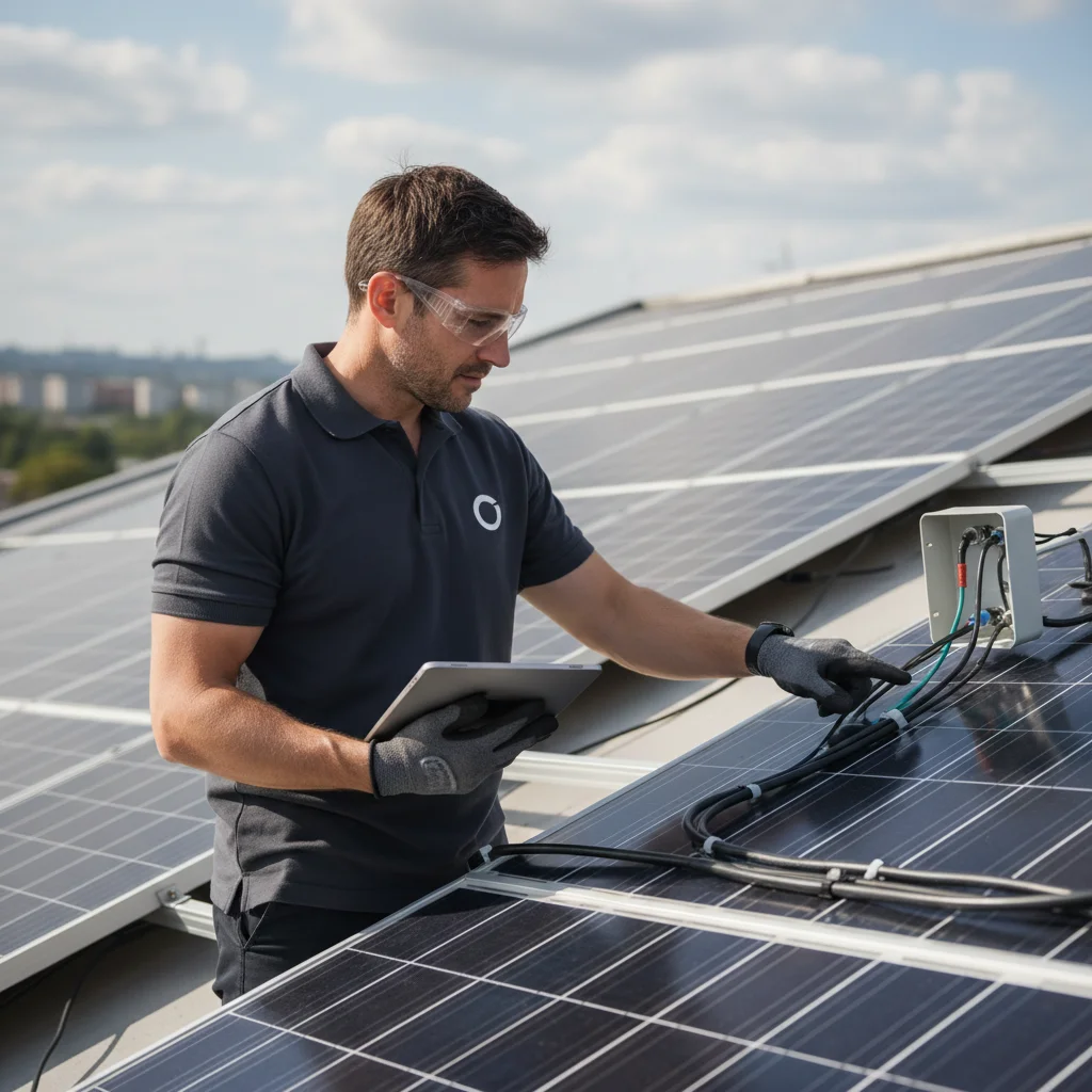 A clean solar array on a San Diego home roof under clear sky, with a technician checking panel surfaces.