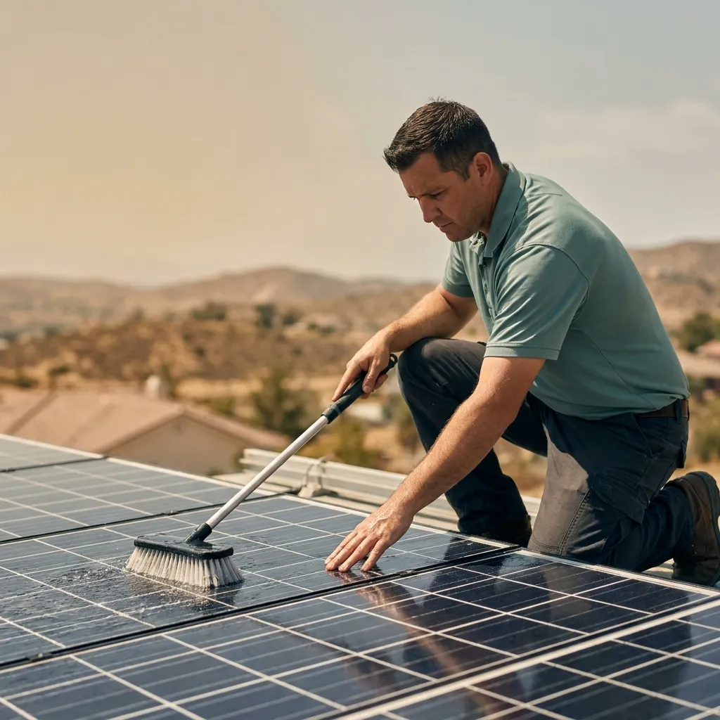 Technician cleaning solar panels with soft brush and deionized water to meet warranty cleaning requirements