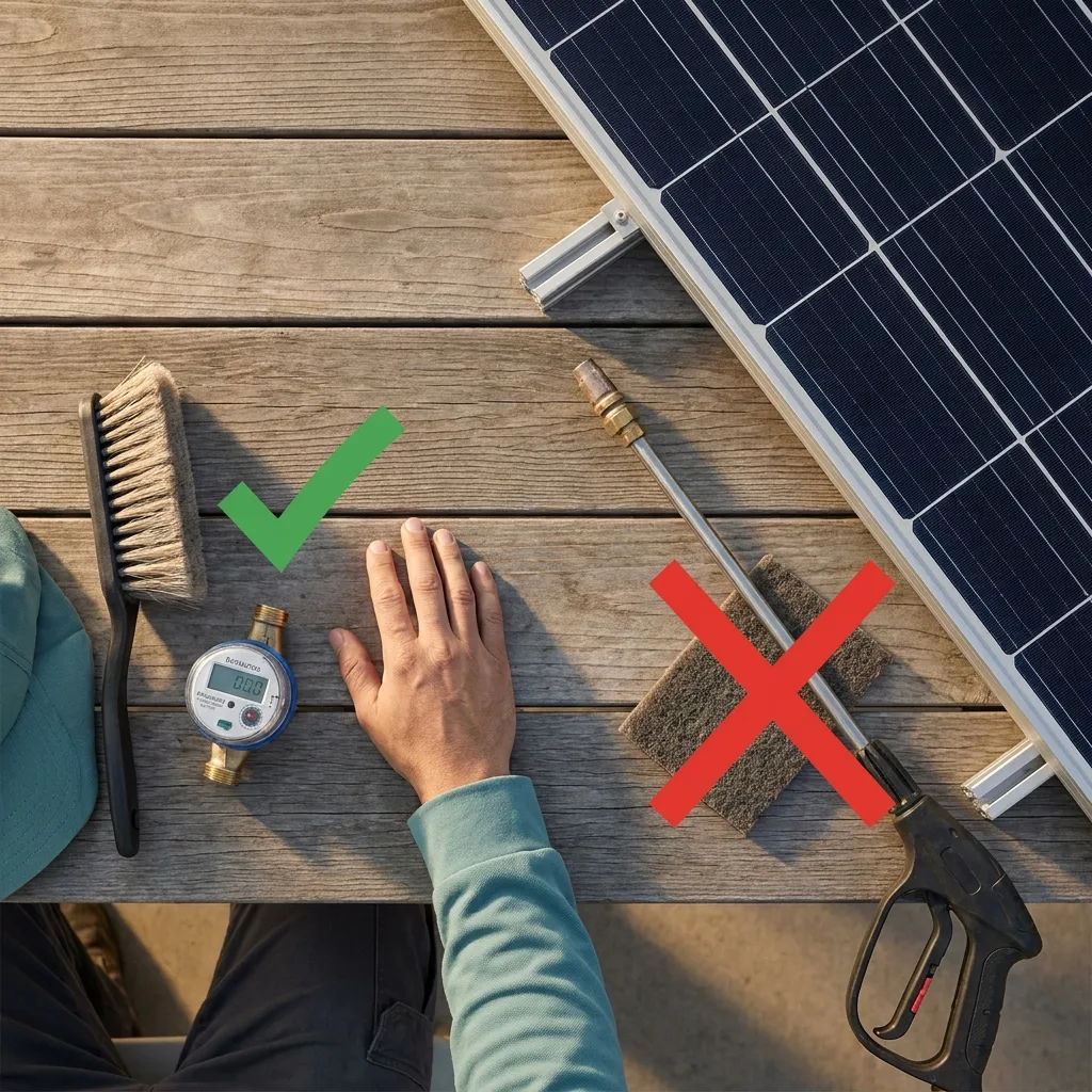 Solar panels with mineral deposits and hard water stains that can affect performance warranty thresholds