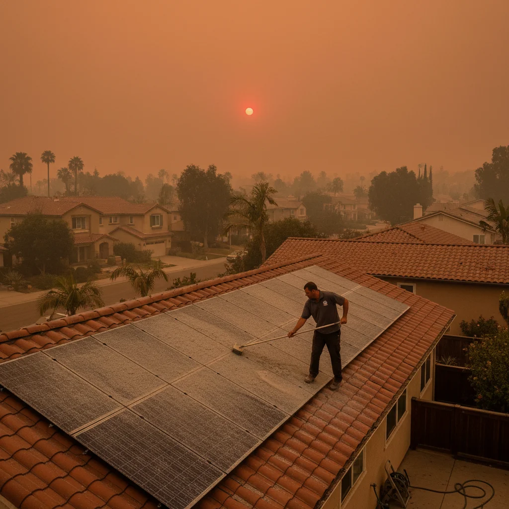 Hazy orange sky from wildfire smoke over a San Diego home with ash-covered solar panels.