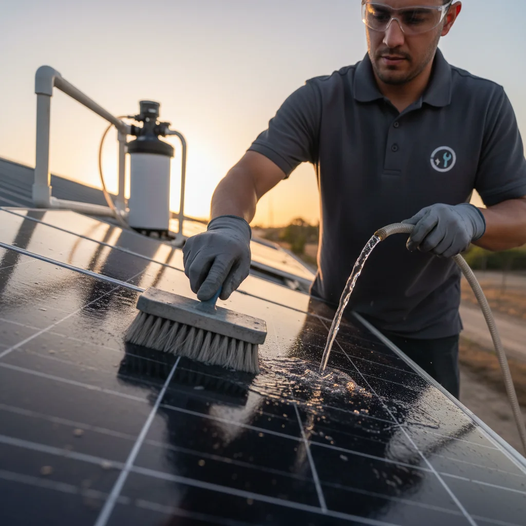 Professional technician gently cleaning wildfire ash from a solar panel with a soft brush.