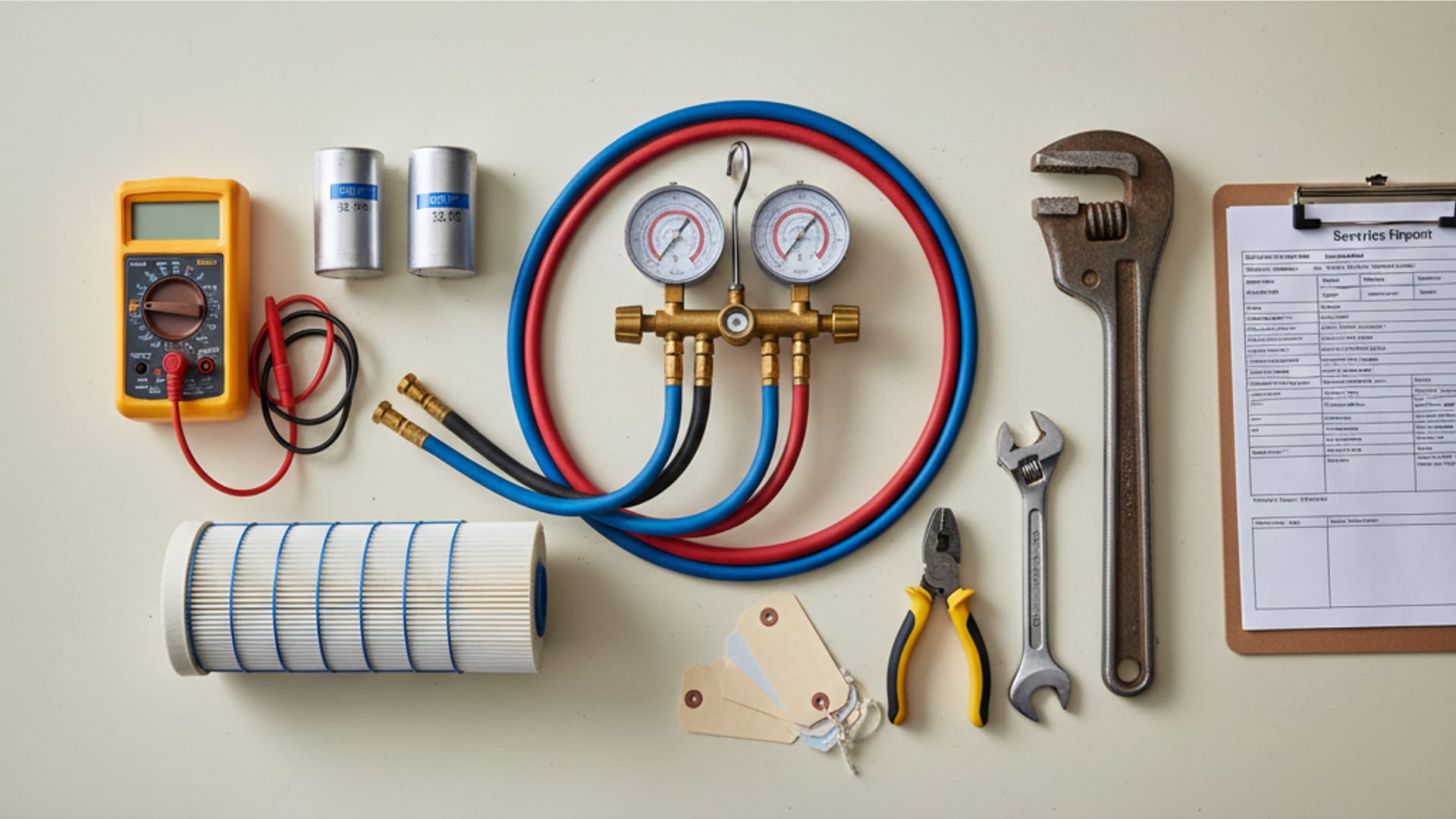 Overhead flat-lay of professional solar cleaning equipment including soft-bristle brushes, deionized water tank, panel-safe surfactants, and inspection tools on a clean work surface